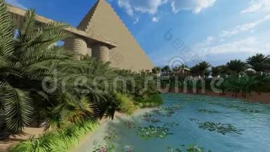 金字塔在撒哈拉绿洲3D渲染